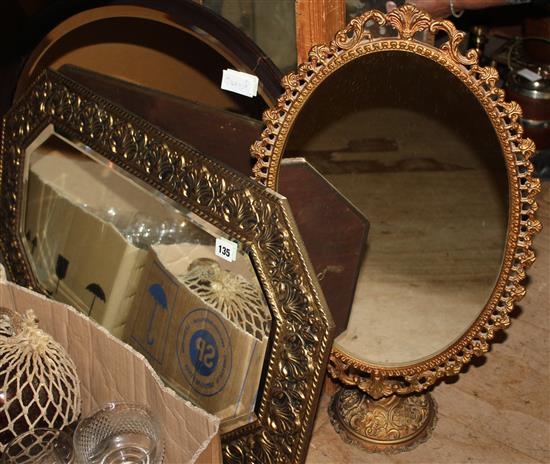 Brass wall mirror, another and brass table mirror